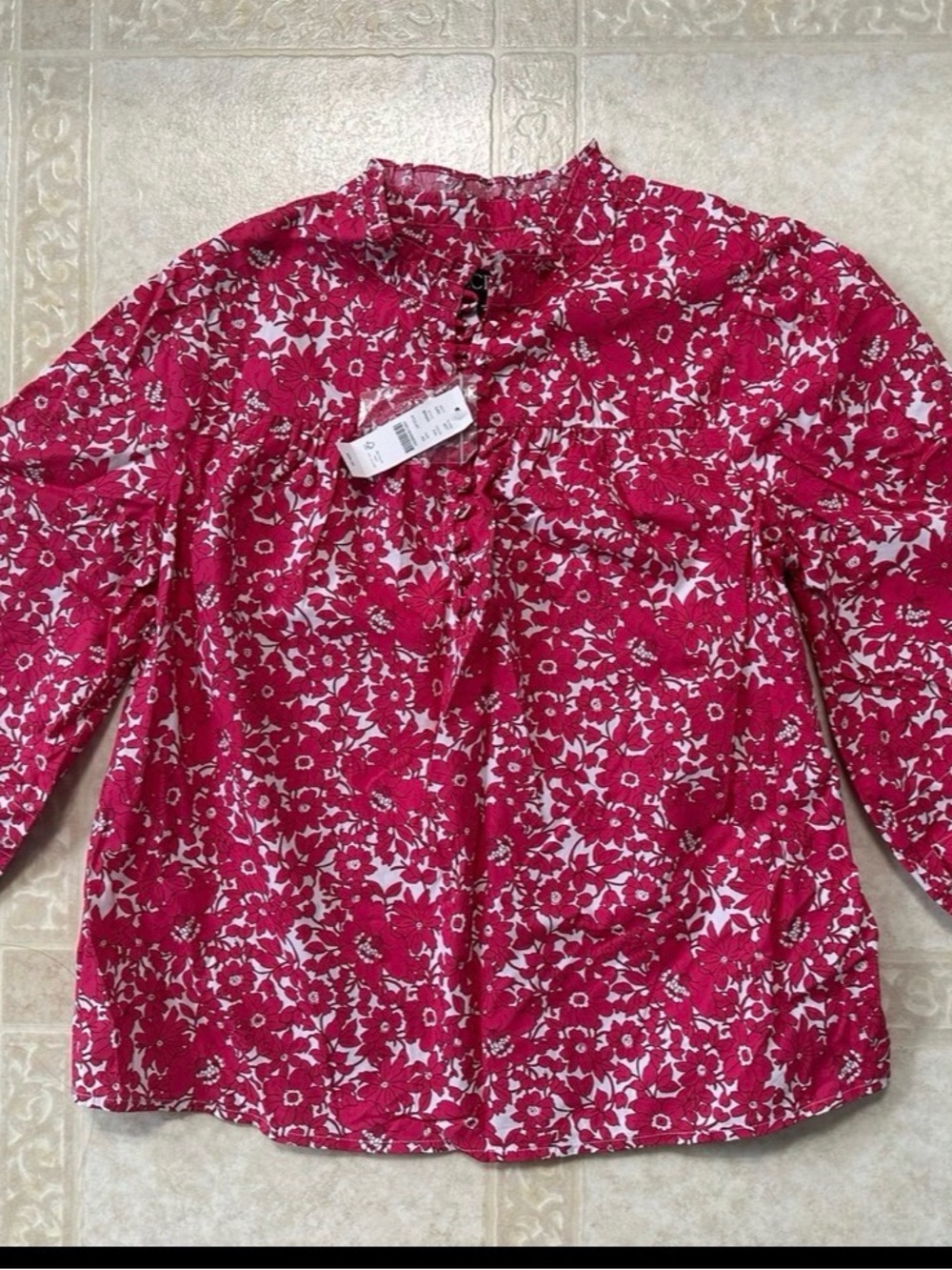 J. Crew Pink and White Floral Ruffle Neck Blouse Size XS